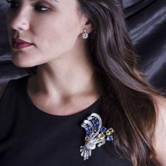 Vintage Natural No Heat Blue Yellow Sapphire Platinum Floral Bouquet Lapel Pin