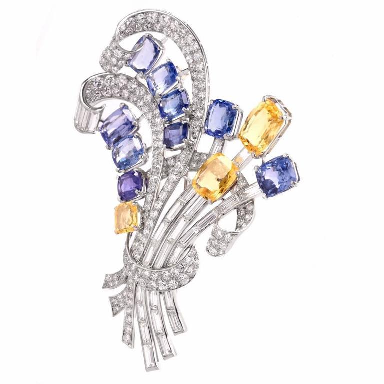 Women's Vintage Natural No Heat Blue Yellow Sapphire Platinum Floral Bouquet Lapel Pin For Sale