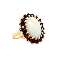 Vintage Natural Opal and Garnet Halo Cocktail Ring, 14K Yellow Gold