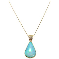 Vintage Natural Opal & Diamond Pendant in 14K Gold Bezel & 14K Italian Chain
