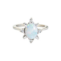 Vintage Natural Opal Diamond Ring 14 Karat White Gold Estate Fine Jewelry