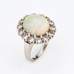 Vintage Natural Opal Diamond Ring 14k White Gold Cocktail Oval Estate Jewelry