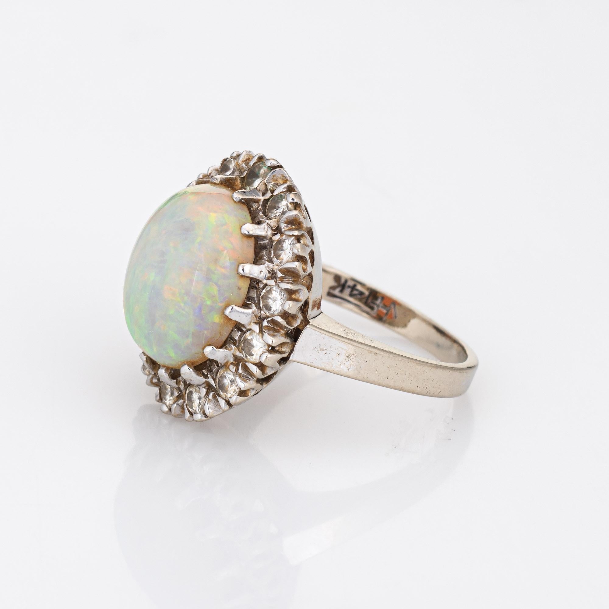 Cabochon Vintage Natural Opal Diamond Ring 14k White Gold Cocktail Oval Estate Jewelry For Sale