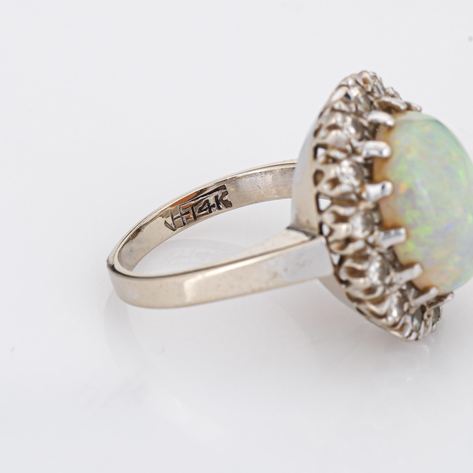 Vintage Natural Opal Diamond Ring 14k White Gold Cocktail Oval Estate Jewelry For Sale 1