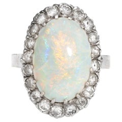 Vintage Natural Opal Diamond Ring 14k White Gold Cocktail Oval Estate Jewelry