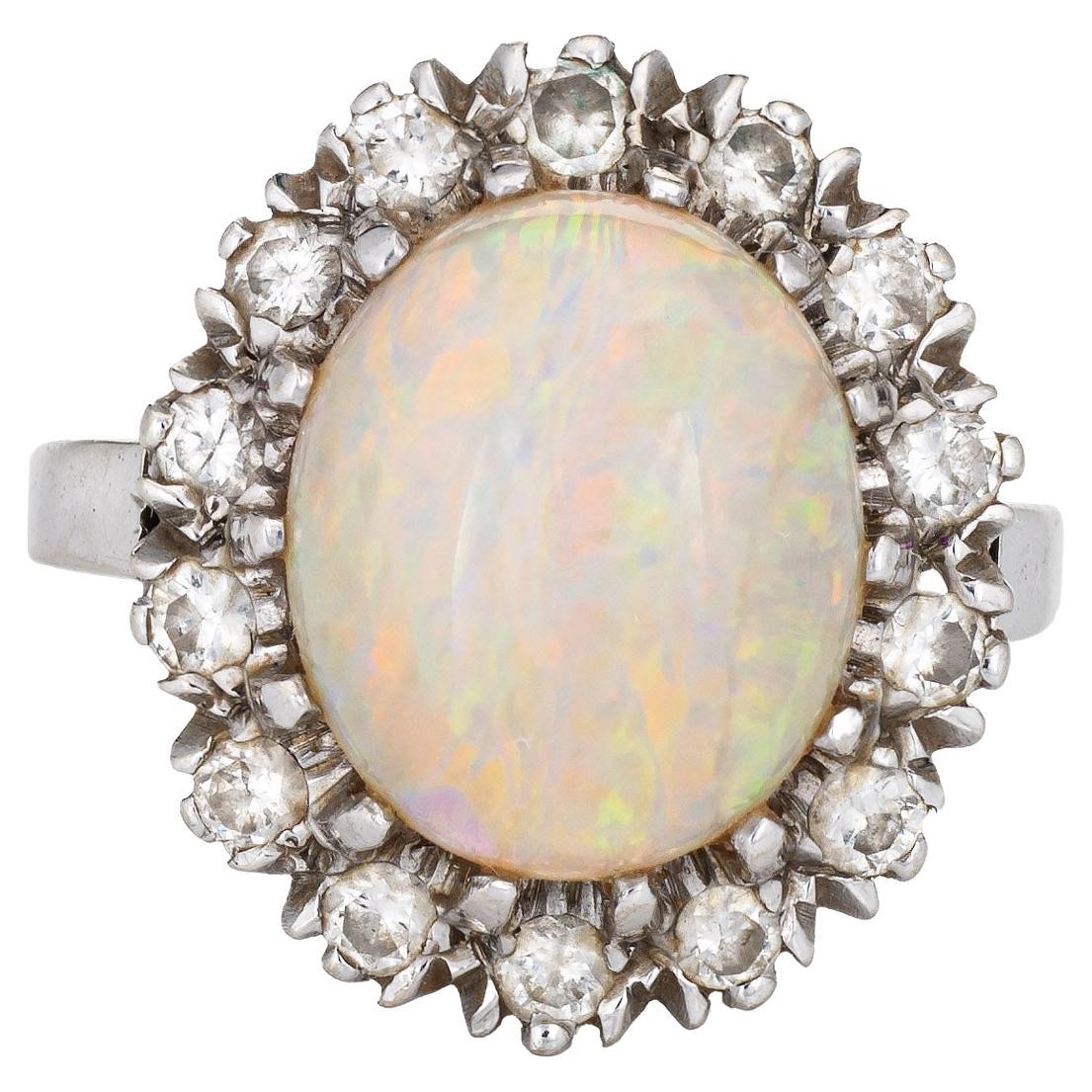 Vintage Natural Opal Diamond Ring 14k White Gold Cocktail Oval Estate Jewelry For Sale