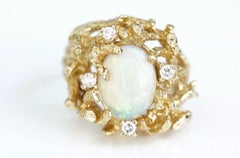 Vintage Natural Opal Diamond Ring Brutalist 14k Yellow Gold Cocktail Estate