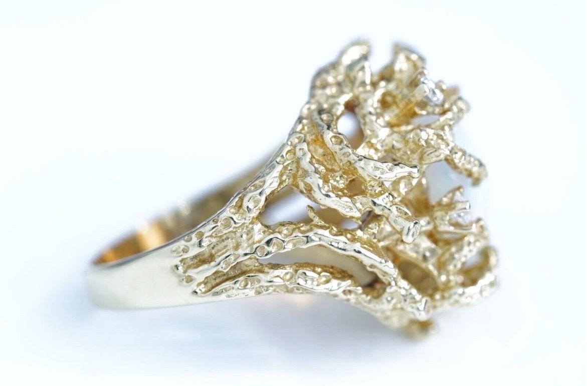 Anello di diamanti opale naturale d'epoca Brutalista in oro giallo 14k Cocktail Estate in vendita 1