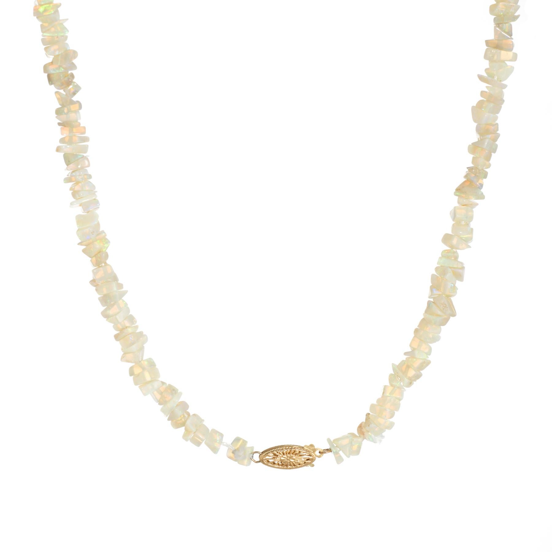 Modern Vintage Natural Opal Necklace 14k Yellow Gold Clasp Freeform Rough Cut Bead For Sale