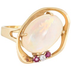 Retro Natural Opal Ring Ruby Diamond 14 Karat Gold Cocktail Fine Jewelry