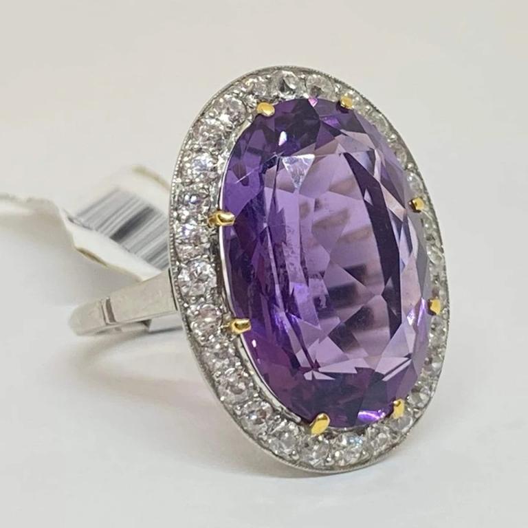 Oval Cut Vintage Natural Oval Amethyst & Old Euro Diamond Halo Ring Platinum 12 Carat For Sale