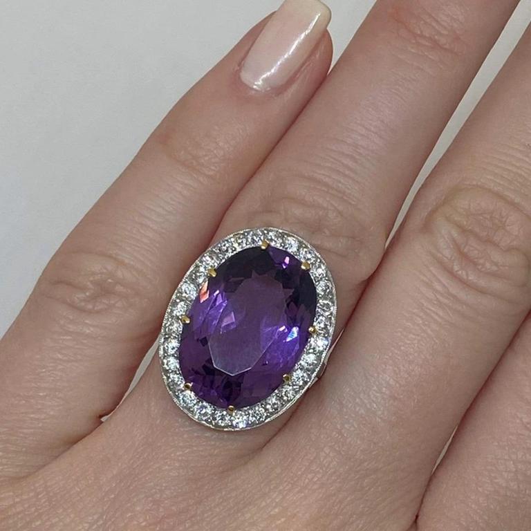 Women's Vintage Natural Oval Amethyst & Old Euro Diamond Halo Ring Platinum 12 Carat For Sale