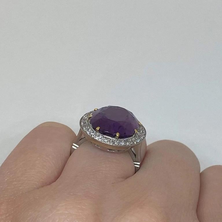 Vintage Natural Oval Amethyst & Old Euro Diamond Halo Ring Platinum 12 Carat For Sale 1