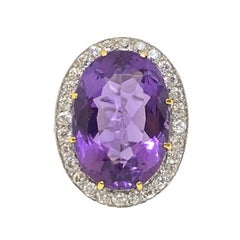 Vintage Natürlicher ovaler Amethyst & alte europäischer Diamant Halo-Ring Platin 12 Karat