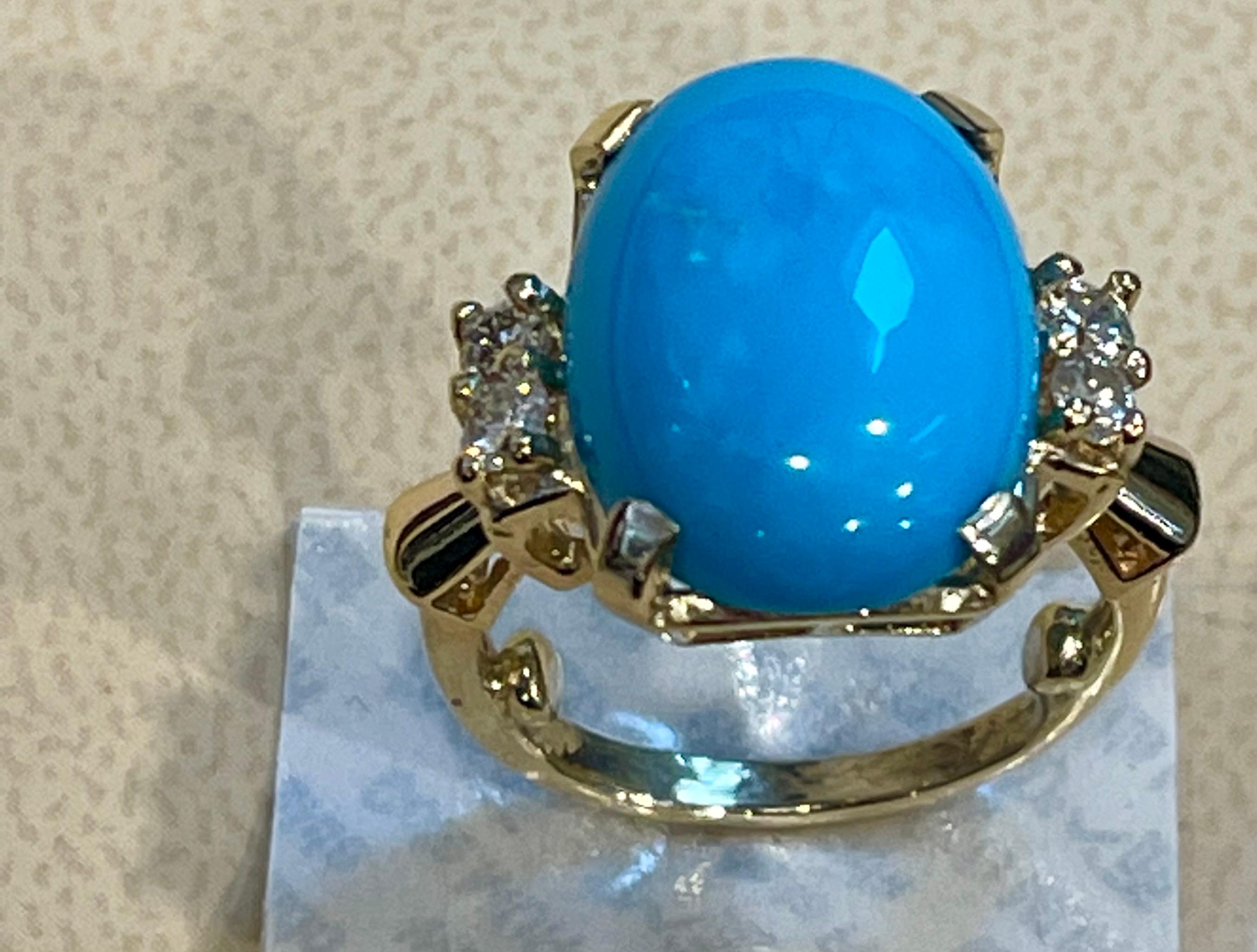 Vintage Natural Oval Sleeping Beauty Turquoise Ring With Diamonds, 14 Kt Y Gold 4
