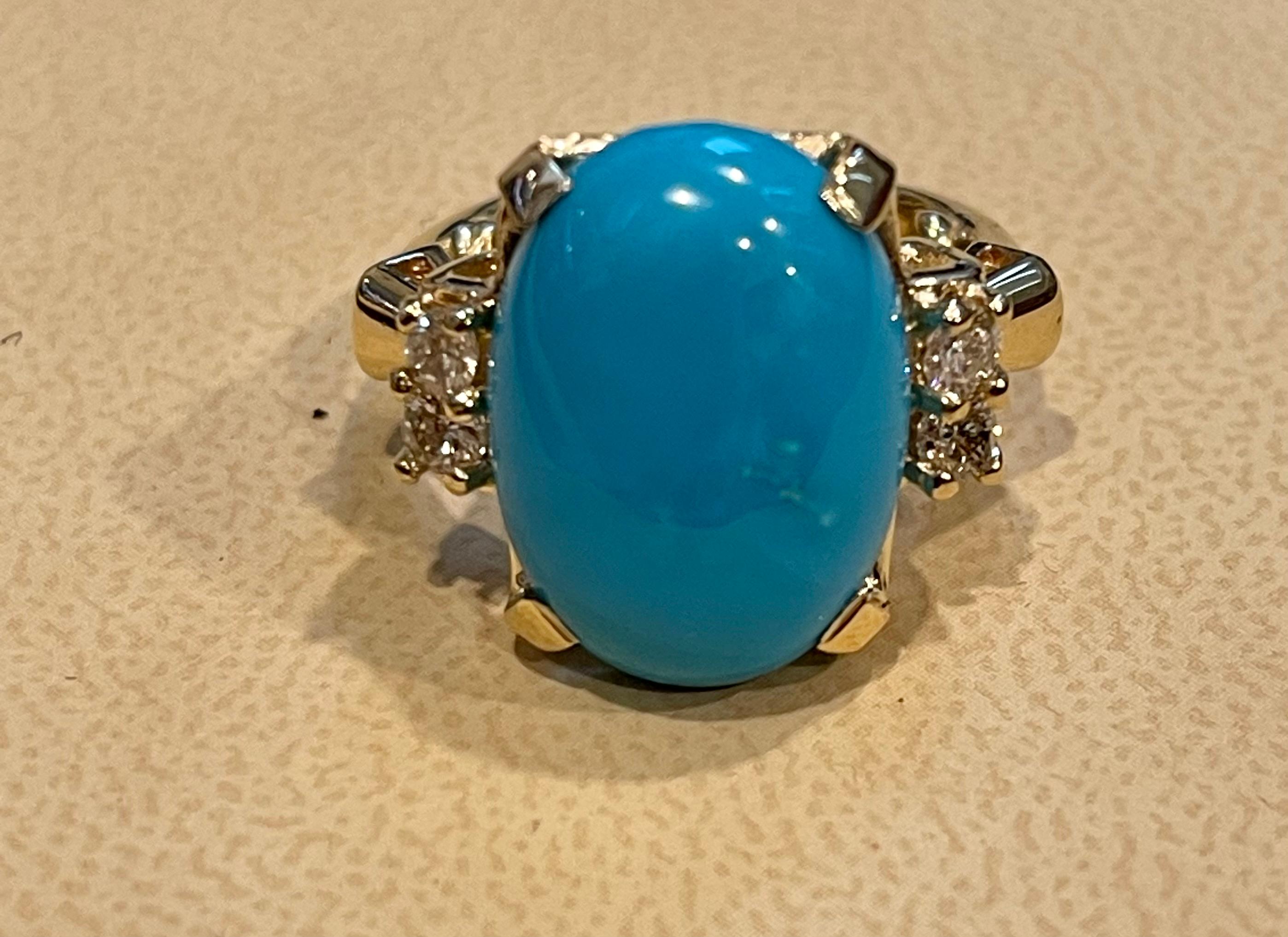 
Vintage Natural Oval Sleeping Beauty Turquoise Ring With Diamonds, 14 Karat Yellow Gold
Approximately 10 Ct of Sleeping Beauty  Turquoise  and  .25 Ct of Diamonds
two diamonds on each side of center stone
14 karat gold 6.8  Grams 
 Diamonds: