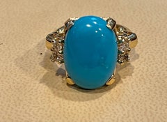 Vintage Natural Oval Sleeping Beauty Turquoise Ring With Diamonds, 14 Kt Y Gold