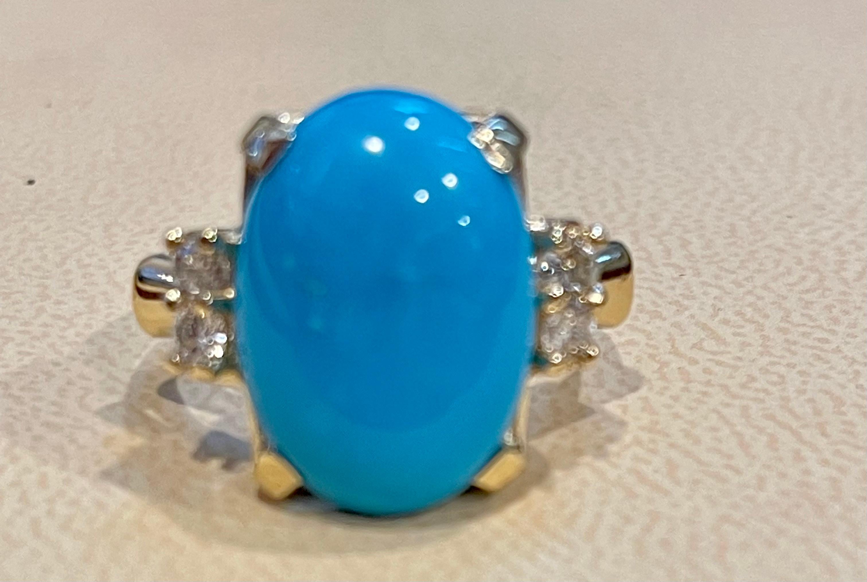 Vintage Natural Oval Sleeping Beauty Turquoise Ring With Diamonds, 14 Kt Y Gold 1