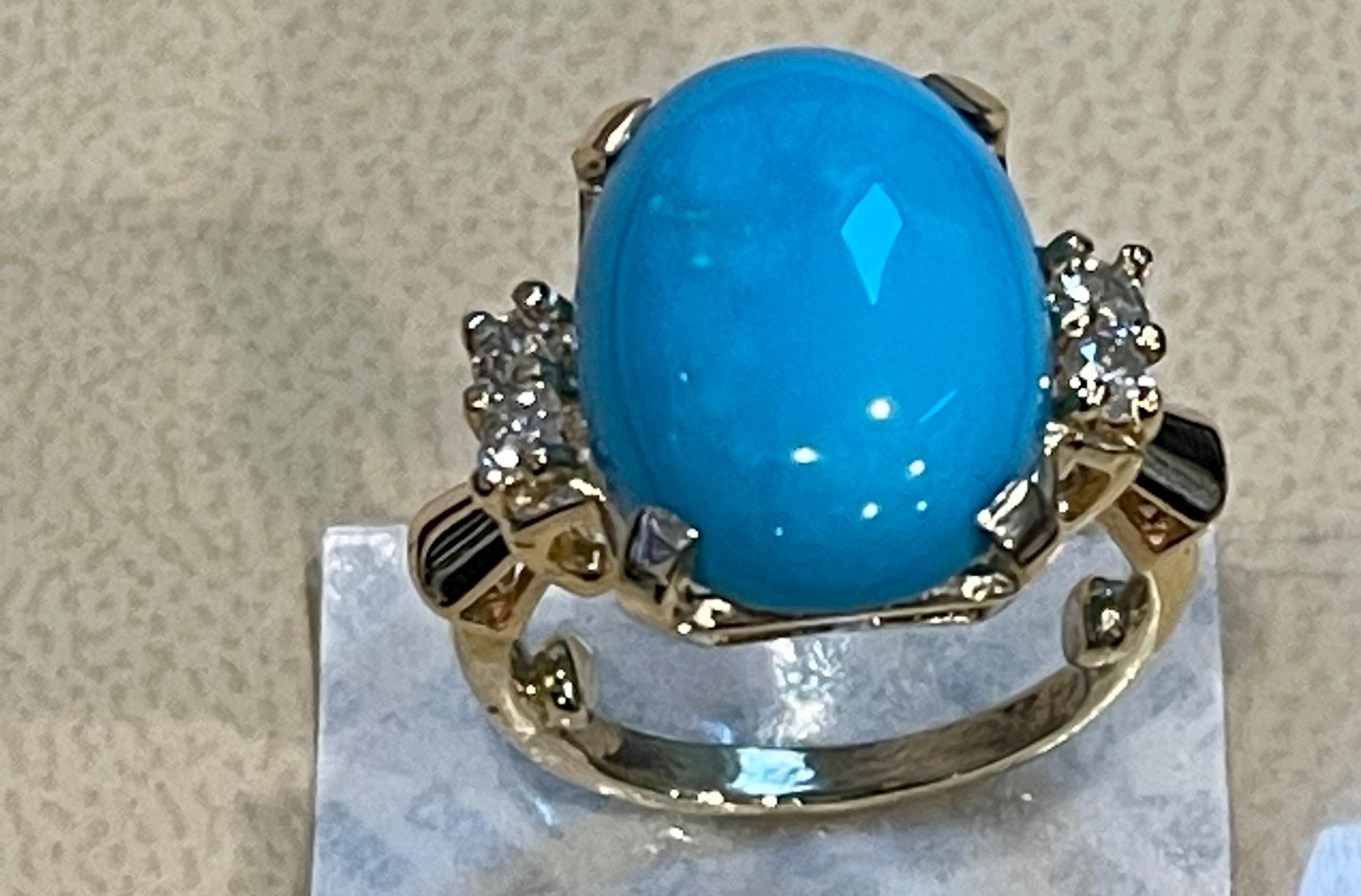 Vintage Natural Oval Sleeping Beauty Turquoise Ring With Diamonds, 14 Kt Y Gold 2
