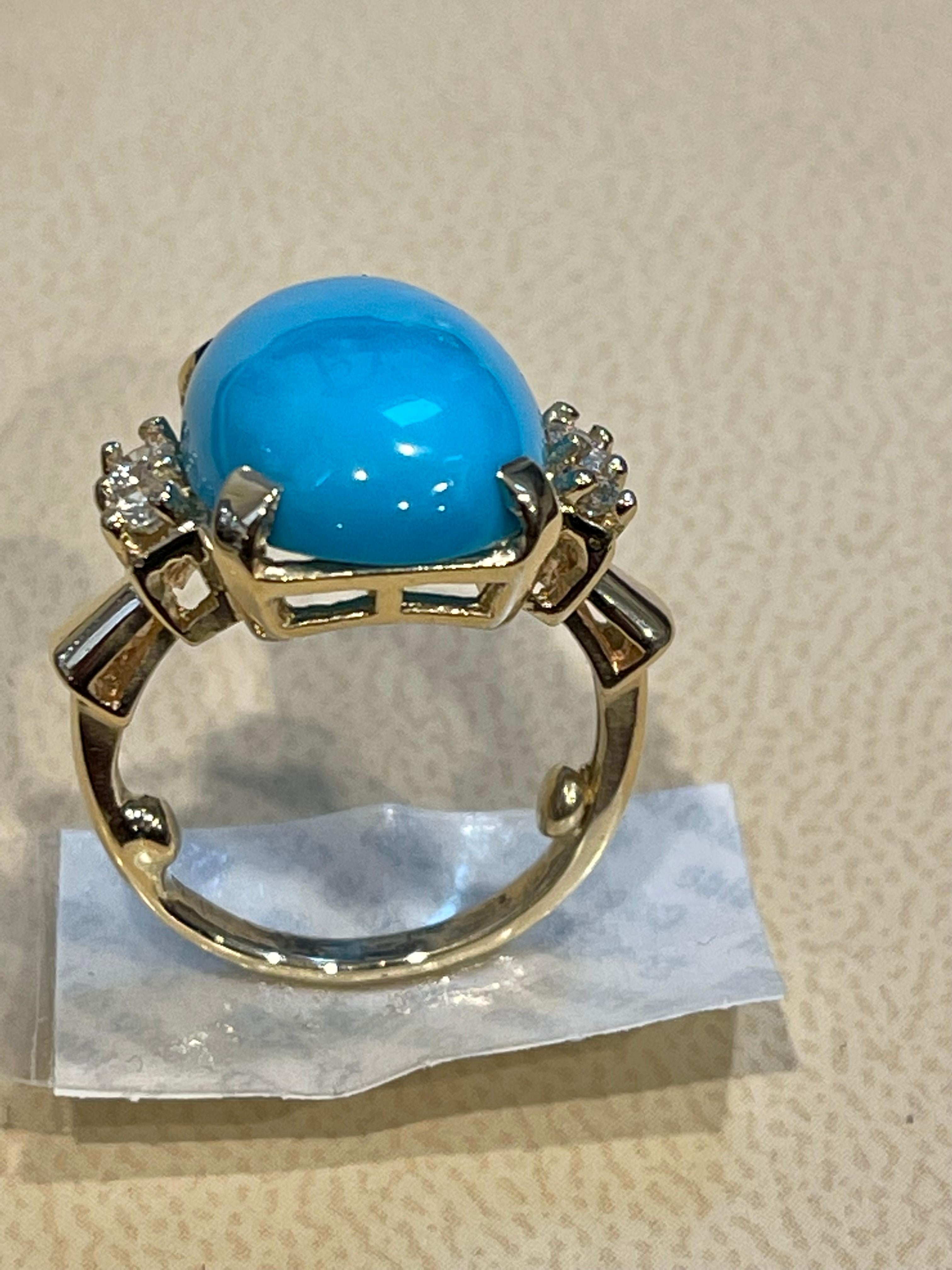 Vintage Natural Oval Sleeping Beauty Turquoise Ring With Diamonds, 14 Kt Y Gold 3
