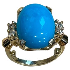 Vintage Natural Oval Sleeping Beauty Turquoise Ring With Diamonds, 14 Kt Y Gold