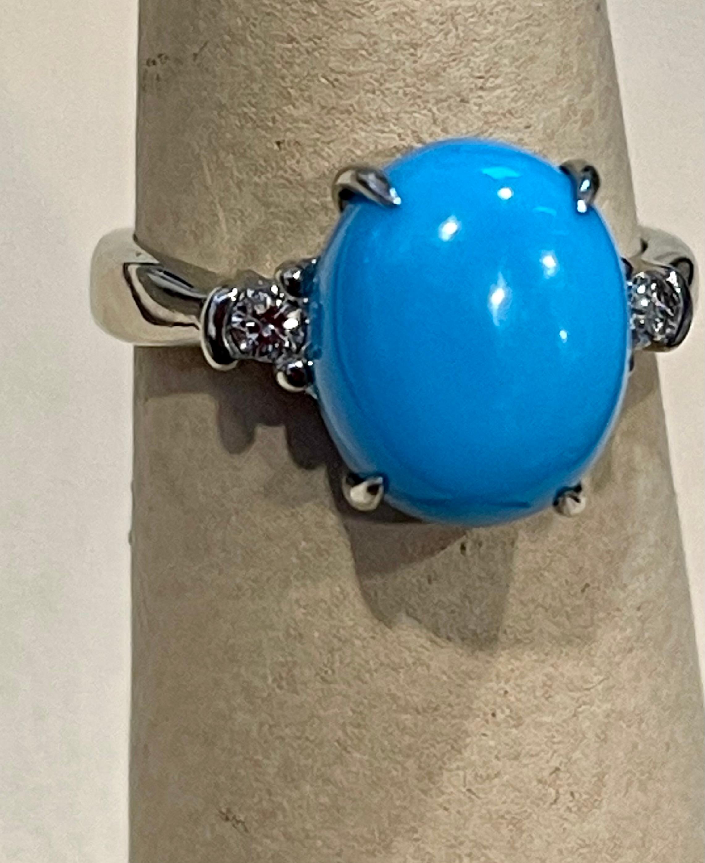 Vintage Natural Oval Sleeping Beauty Turquoise Ring With Diamonds, 18 Kt W Gold 4