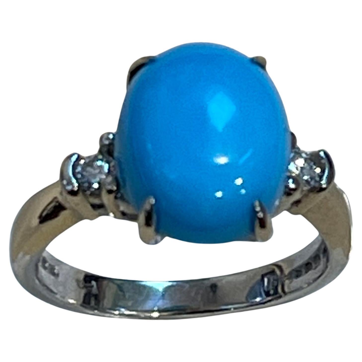 Cabochon Vintage Natural Oval Sleeping Beauty Turquoise Ring With Diamonds, 18 Kt W Gold