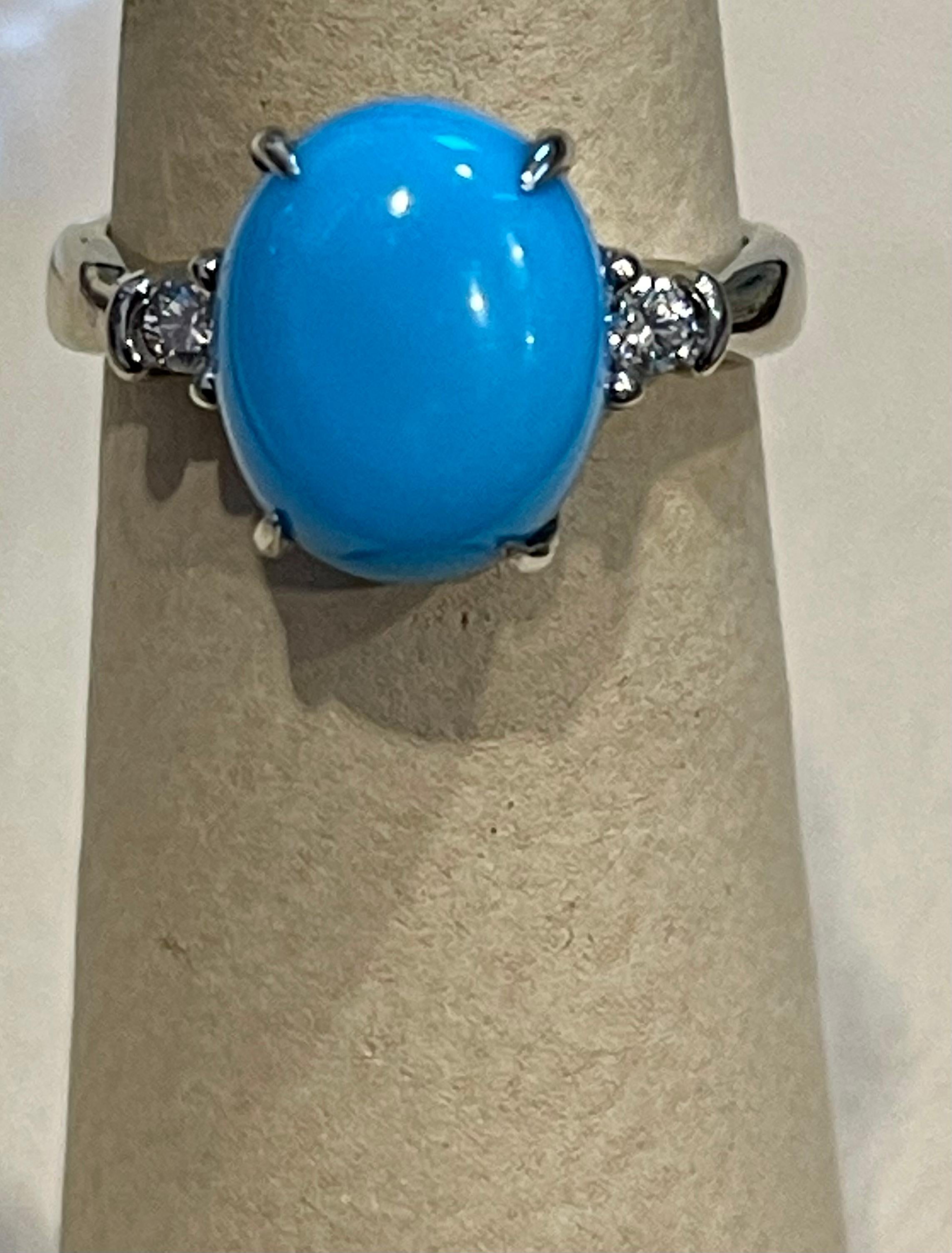 Vintage Natural Oval Sleeping Beauty Turquoise Ring With Diamonds, 18 Kt W Gold 2