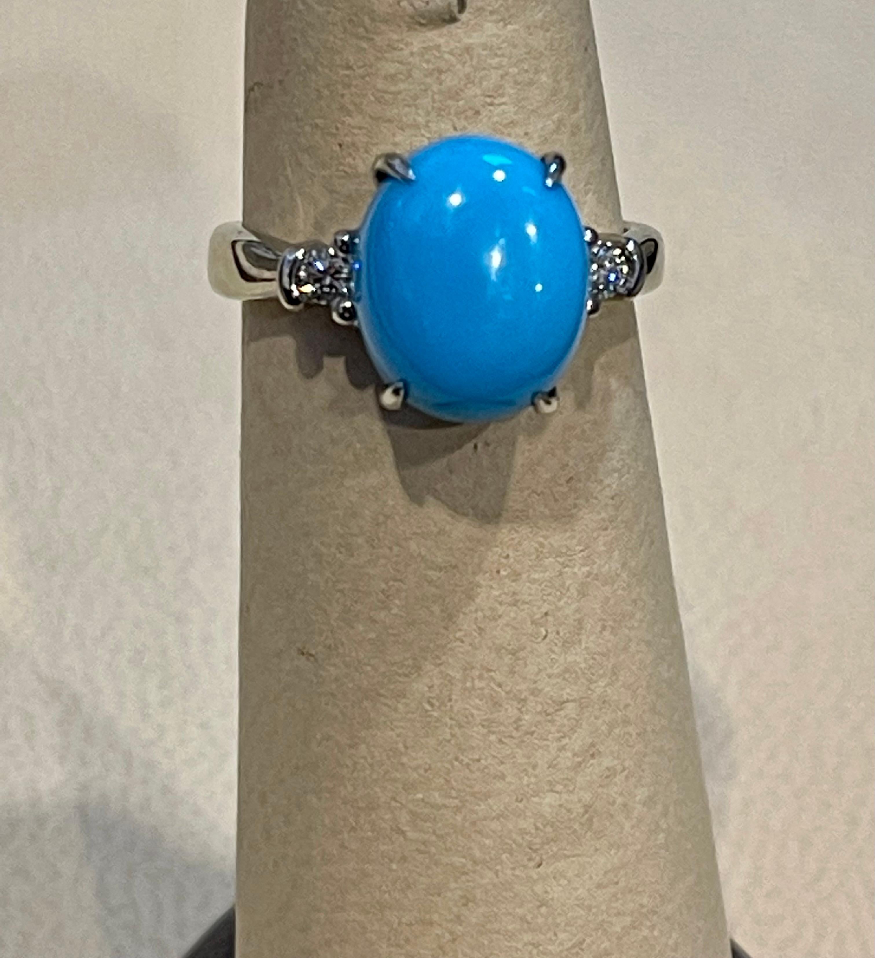Vintage Natural Oval Sleeping Beauty Turquoise Ring With Diamonds, 18 Kt W Gold 3