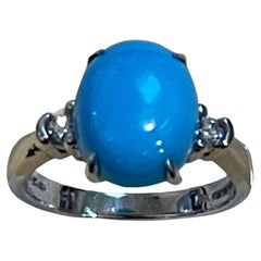 Vintage Natural Oval Sleeping Beauty Turquoise Ring With Diamonds, 18 Kt W Gold