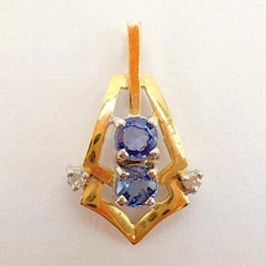 Vintage Natural Pastel Blue Sapphire Diamond Necklace Pendant in 14K Yellow Gold
