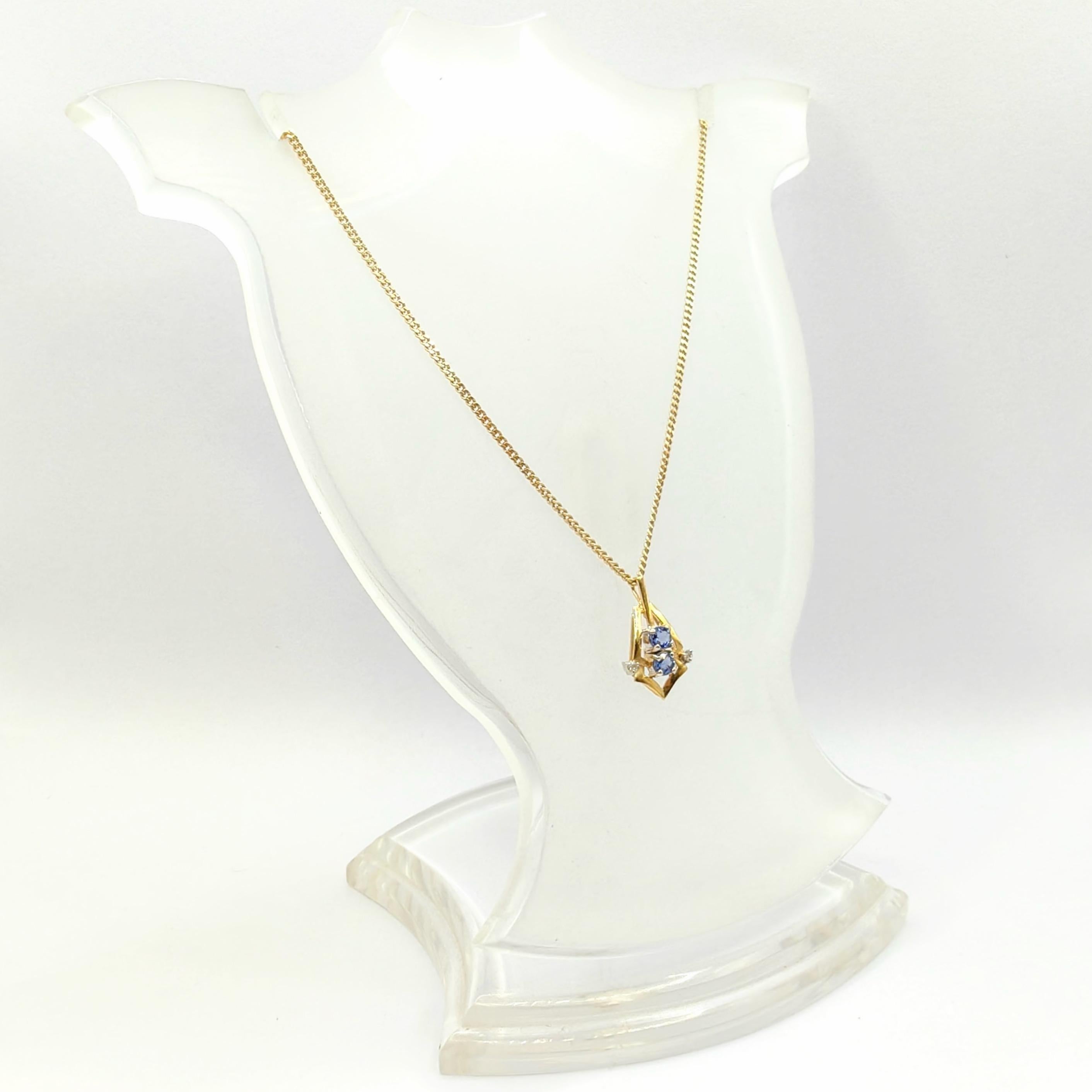 Vintage Natural Pastel Blue Sapphire Diamond Necklace Pendant in 14K Yellow Gold For Sale 2