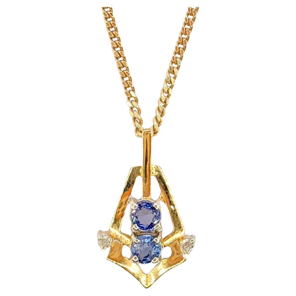 Vintage Natural Pastel Blue Sapphire Diamond Necklace Pendant in 14K Yellow Gold