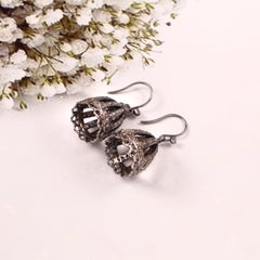 Vintage Natural pave diamond oxidized sterling silver jhumka wire earrings