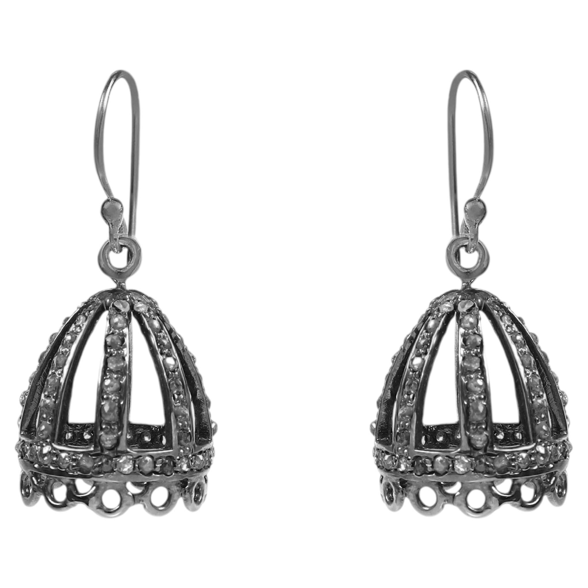Orecchini jhumka vintage in argento sterling ossidato con pavé di diamanti naturali