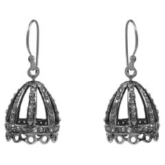 Vintage Natural pave diamond oxidized sterling silver jhumka wire earrings