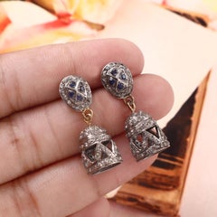 Vintage Natural pave diamond sapphire oxidized dancing silver jhumka earrings