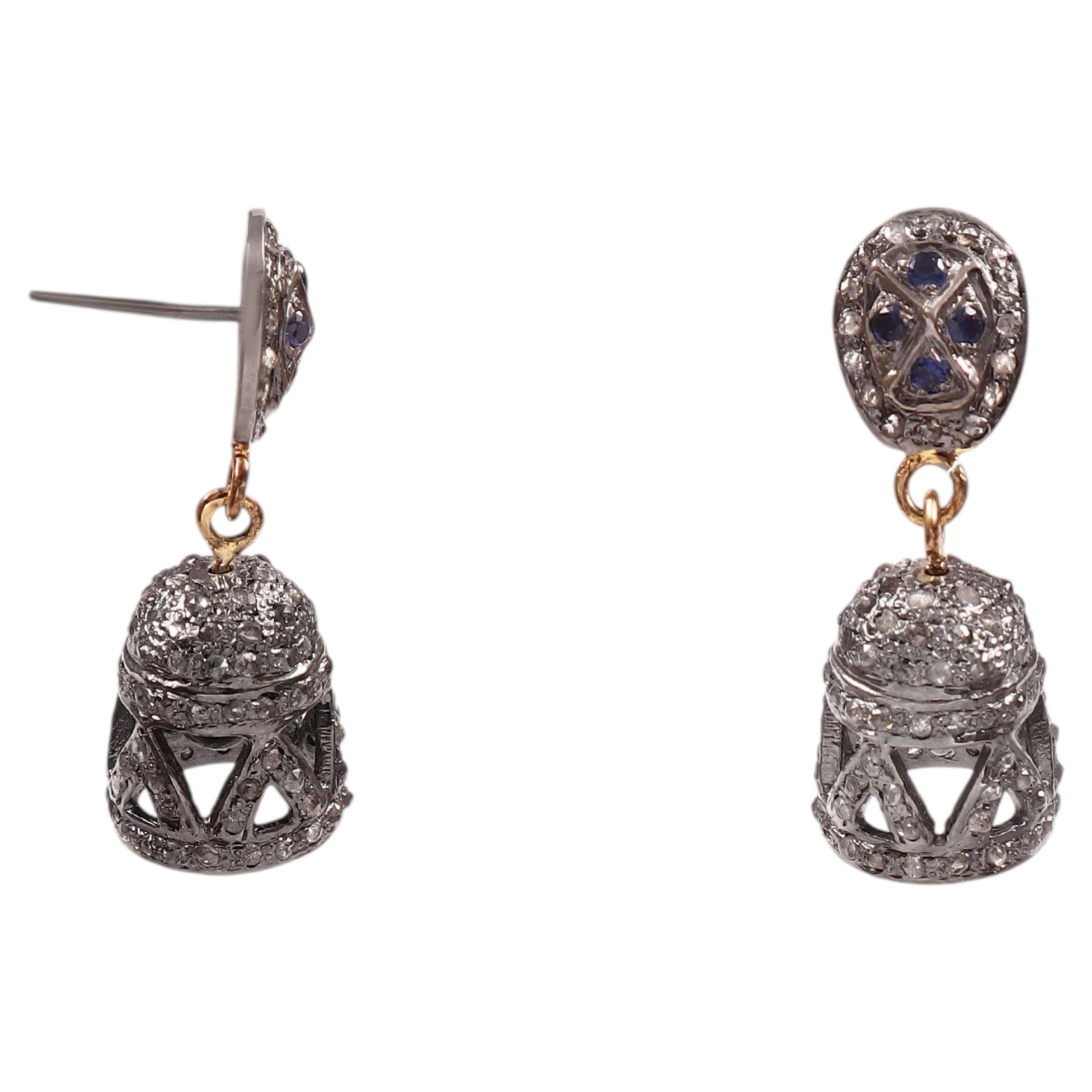 Vintage Natural pave diamond sapphire oxidized dancing silver jhumka earrings