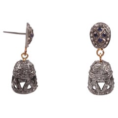Vintage Natural pave diamond sapphire oxidized dancing silver jhumka earrings