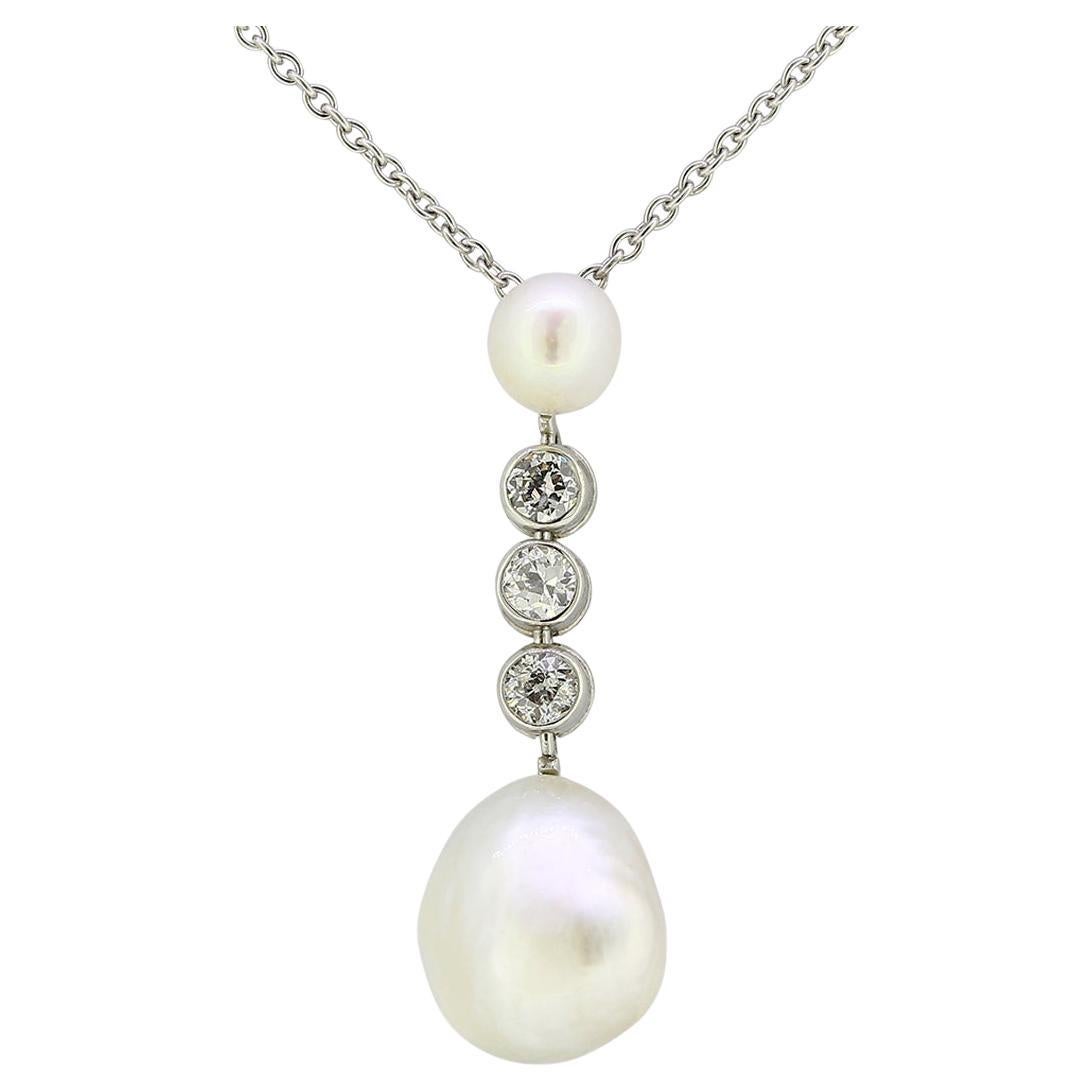 Vintage Natural Pearl and Diamond Drop Necklace For Sale