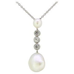 Vintage Natural Pearl and Diamond Drop Necklace