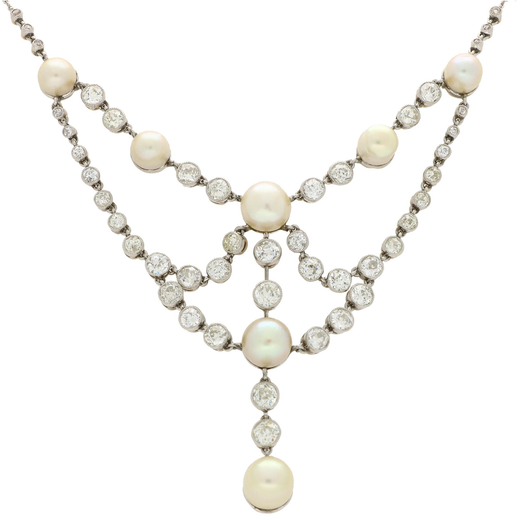Women's or Men's Vintage Natural Pearl and Old Cut Diamond Necklace