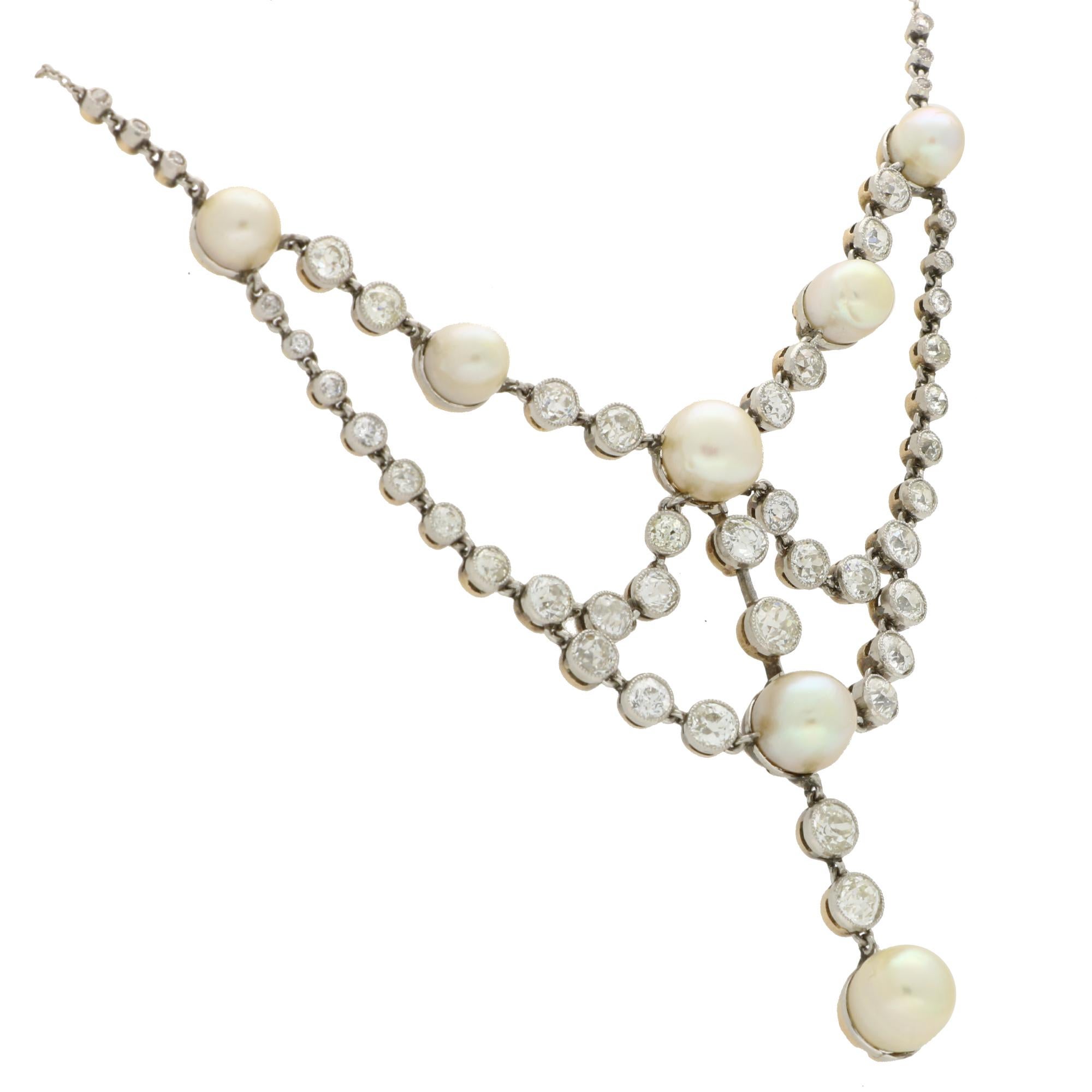 Art Deco Vintage Natural Pearl and Old Cut Diamond Necklace