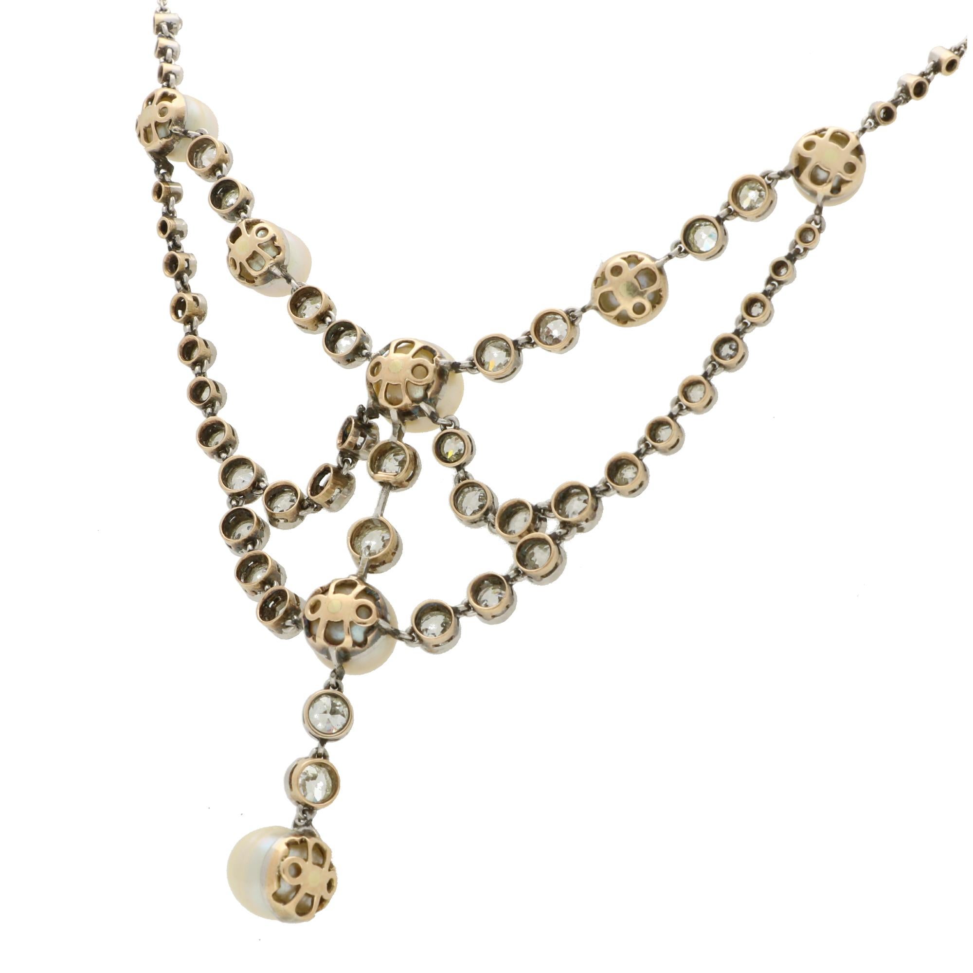 Bead Vintage Natural Pearl and Old Cut Diamond Necklace