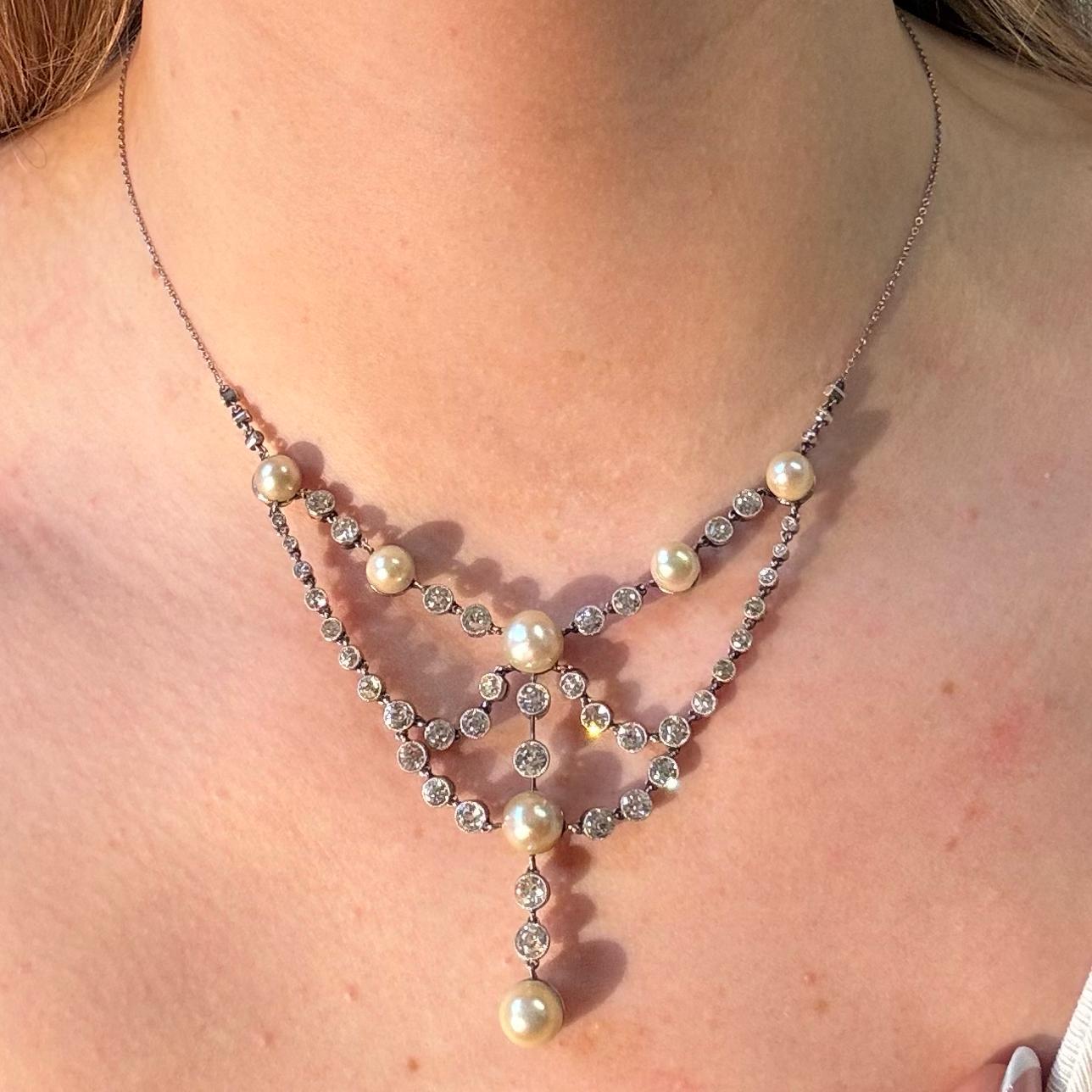 Vintage Natural Pearl and Old Cut Diamond Necklace In Good Condition In London, GB