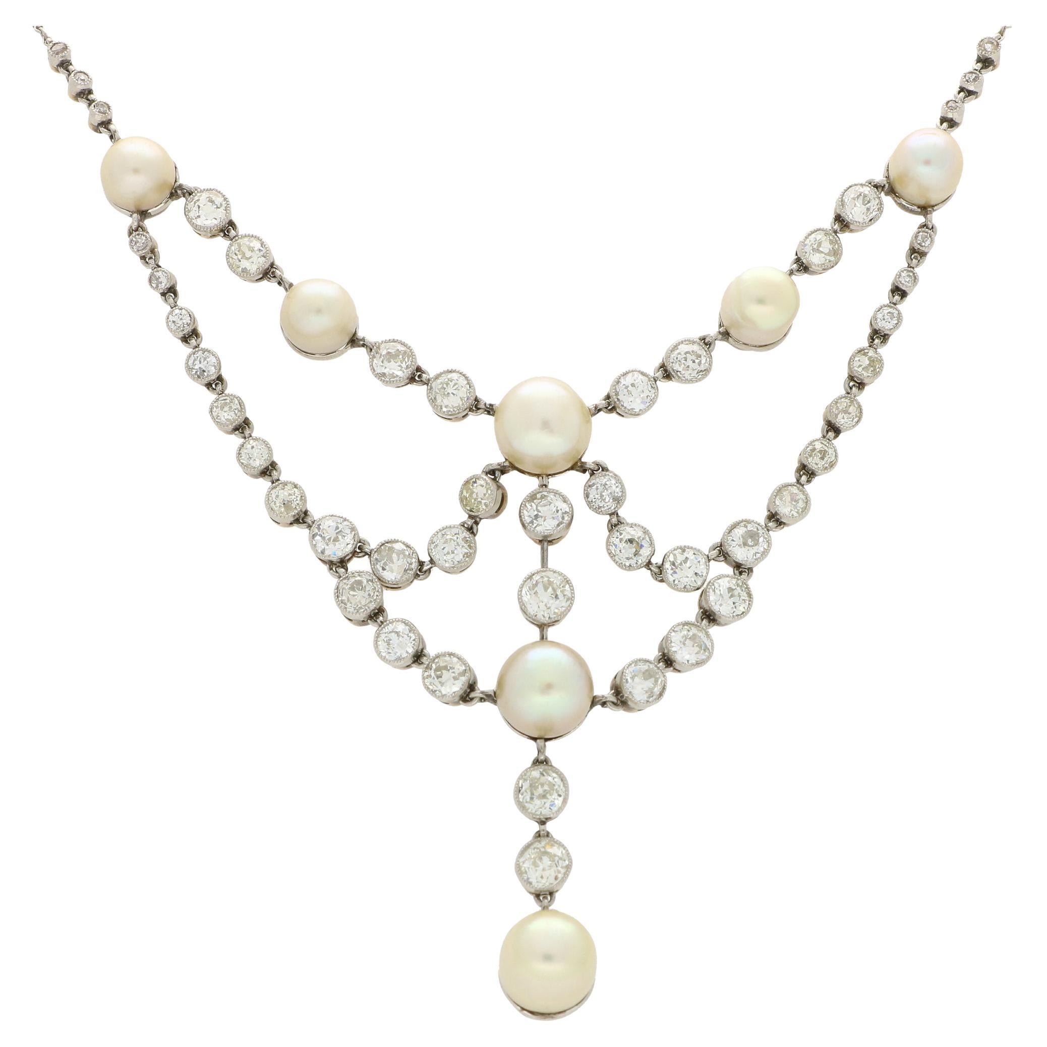 Vintage Natural Pearl and Old Cut Diamond Necklace