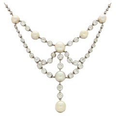 Vintage Natural Pearl and Old Cut Diamond Necklace