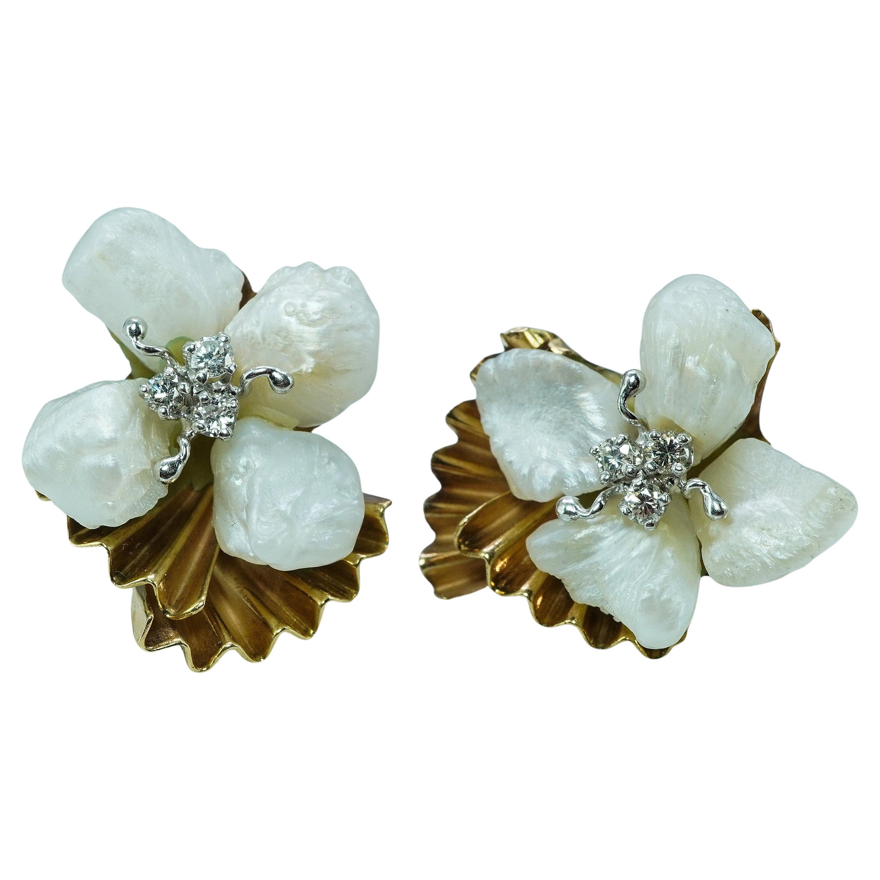 Vintage Natural Pearl Diamond Earrings 14K Gold Estate Midcentury