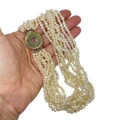 Vintage natural pearls multi strand Chines coin set in sterling silver necklace