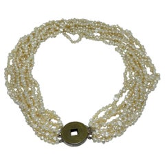 Vintage natural pearls multi strand Chines coin set in sterling silver necklace